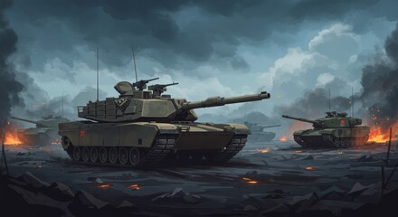 Military Tanks in Desolate, Fiery Landscape