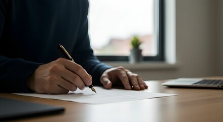 Reviewing financial or business documents. A stack of paperwork lies on the table