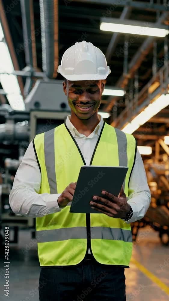 Poster industrial engineer utilizing digital tablet for factory process optimization