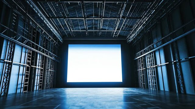 This is a long empty room with blue windows, a part of the building's interior architecture, showing a perspective view with light coming through