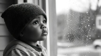 A Young Child Gazing Out A Window On A Rainy Day