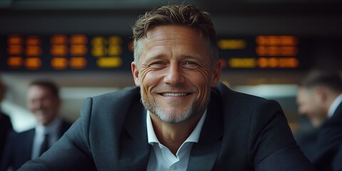 A man in a suit and tie stands in front of a large board with many numbers