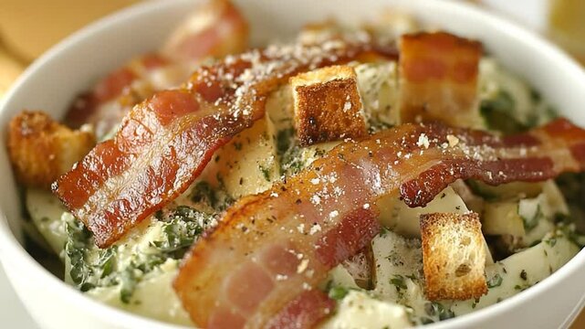 Bacon, Caesar Salad in White Bowl