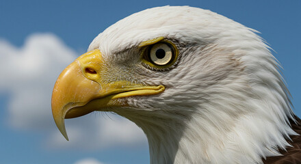 Fototapeta premium Eagle Profile Close-up Against Blue Sky and White Clouds