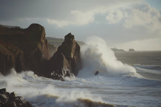 stormy coastline with fierce waves crashing against rugged cliffs creates dramatic and powerful scene. turbulent ocean and rocky formations evoke sense of nature raw energy and beauty