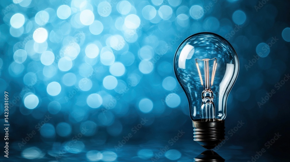 Poster a close-up of a glowing light bulb against a soft blue bokeh background, creating a serene and moder