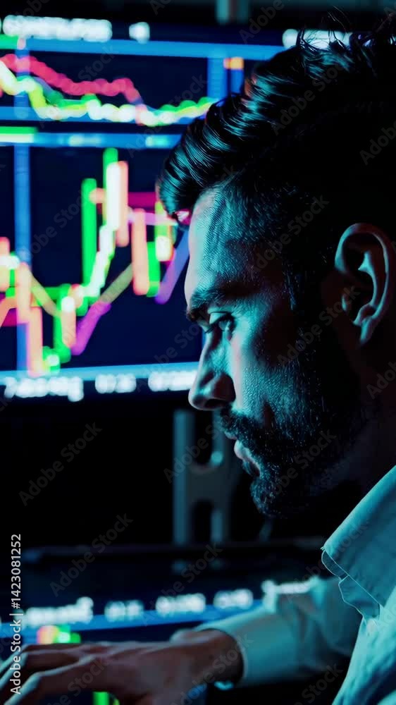 Poster focused trader analyzing dynamic stock market charts on monitors