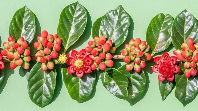 Ornamental ochna flower pattern on a green surface, vibrant nature backdrop