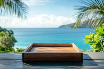 Wooden Tray Tropical Beach Sea Background