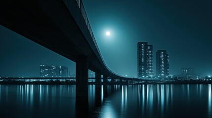 Fototapeta premium A long bridge curves over water at a moonlit evening