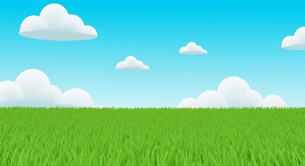 Obraz premium Cartoon Green Field with Clouds in Blue Sky Illustration