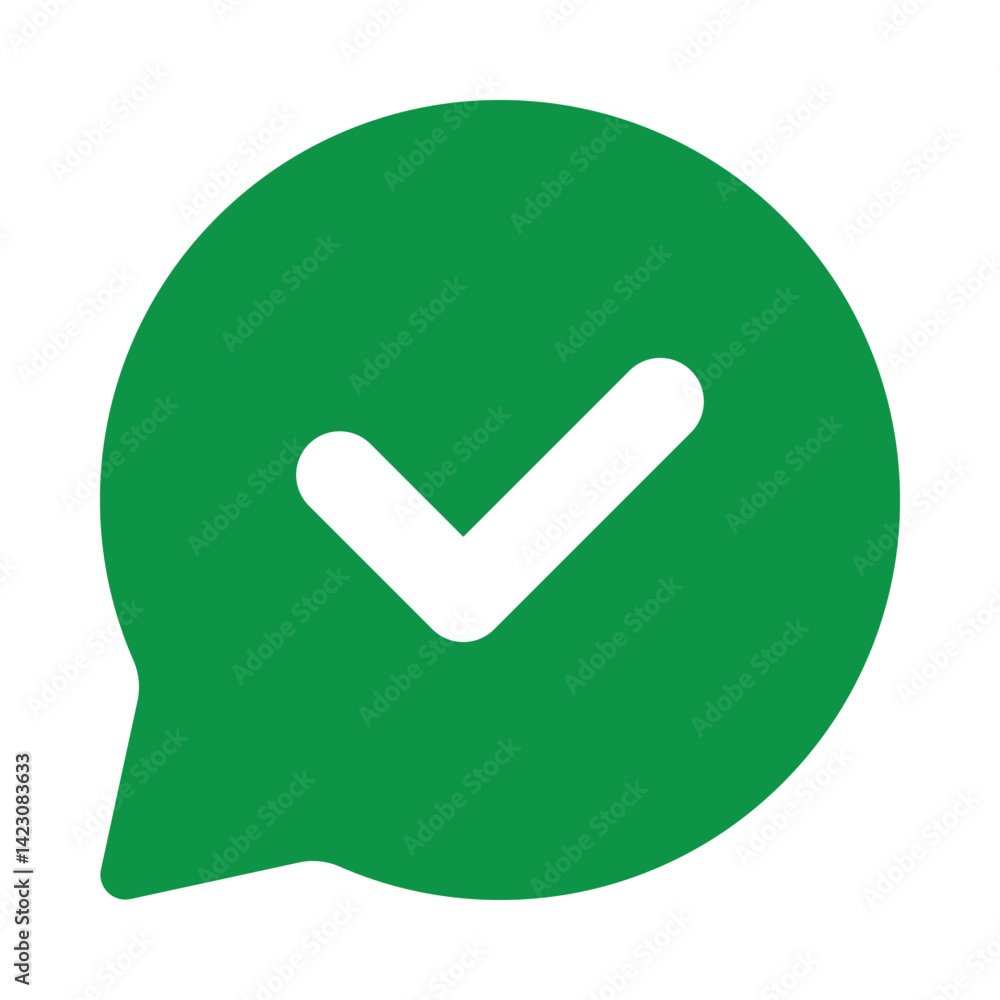 Poster checkmark or tick mark on green speech bubble as a symbol of accept, agree or approval. icon for app