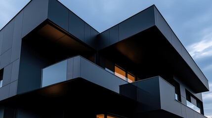 Modern, dark facade with balconies