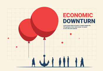Economic downturn trade war tariffs war concept red balloons lifting anchor people grid background financial crisis business impact metaphor © mast3r