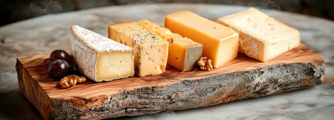 Fototapeta premium An assortment of aged cheeses is artfully arranged on a wooden board, accompanied by walnuts and grapes, showcasing different textures and colors for a delightful tasting experience