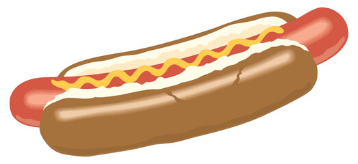 hot dog with mustard isolated, flat vector illustration, fast food for poster, menus, brochure, web design