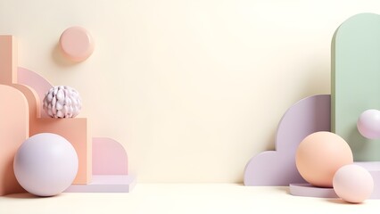 Fototapeta premium A modern 3D artwork combining organic leaves and abstract geometric forms in a balanced, clean layout. Suitable for presentation backgrounds, packaging templates, social media stories, and stationery 