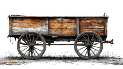 Fototapeta premium Vintage wooden cart on cobblestone path surrounded by grass, showcasing rustic charm