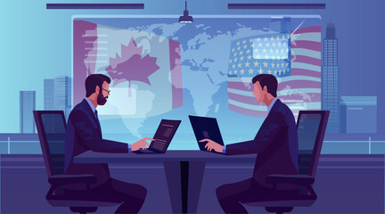 Businessmen trade war Canada United States negotiation conflict office laptops world map cityscape flags modern workspace