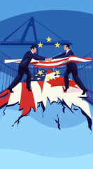 Trade war United States Canada European Union tariffs conflict businessmen shaking hands on broken bridge with country flags stars blue background