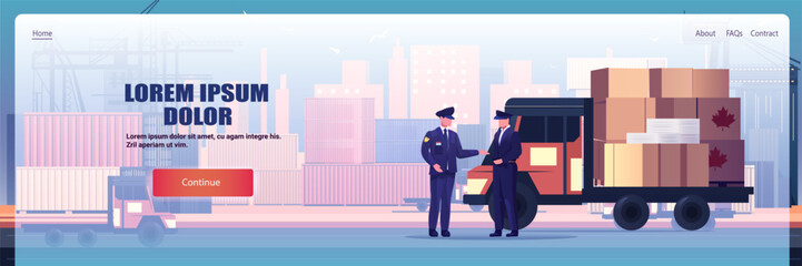 Customs officers trade war tariffs war Canada USA cargo inspection shipping containers port cityscape website banner