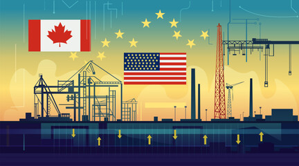 Trade war tariffs war Canada United States European Union industrial construction flags oil extraction cranes silhouettes technology background