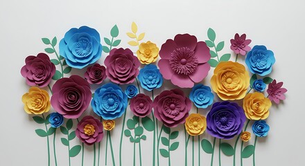 Colorful Paper Flowers on White Background Springtime Decor