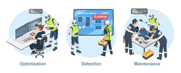AI Integration in Industrial Operations Optimization Error Detection and Predictive Maintenance in a Smart Factory Environment isometric cartoon