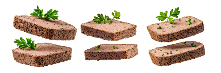 Set of Slices of seasoned Pate Liver Meat loaf stacked and garnished with fresh parsley, isolated on white transparent background, concept of delicious food