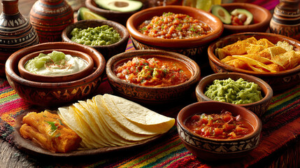 vibrant spread of Mexican food featuring tacos, guacamole, salsa, and tortilla chips