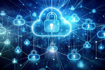 Floating Cloud Icons with Padlocks and Data Streams Cyber Security