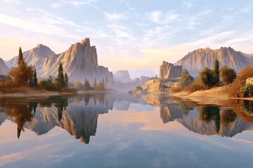 Fototapeta premium Serene landscape with mountains and reflective water.
