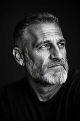 Fototapeta premium Dramatic black and white portrait of a real person, intense lighting and strong shadows, minimal background, classic serif space at top for name and title, timeless design.