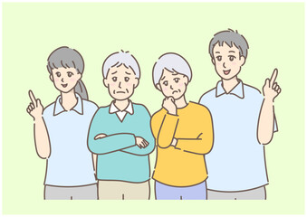 優しい色合いで描いた、困った表情の腕組みをするシニア夫婦とアドバイスをする男女
（背景あり）