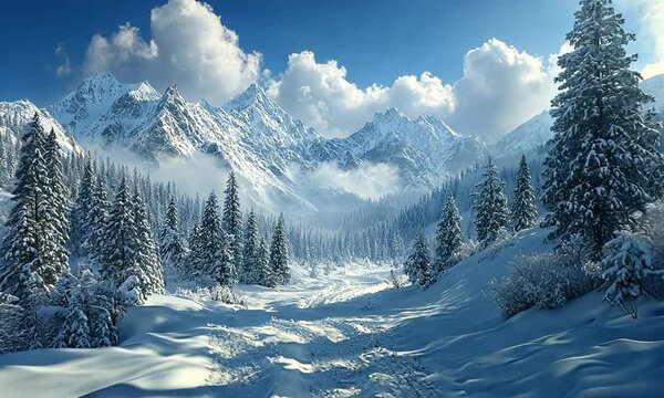 Snow-covered mountain landscape with a winding path, surrounded by towering pine trees and clouds