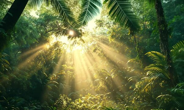 Sunlight filtering through dense tropical foliage, creating a serene atmosphere in the jungle