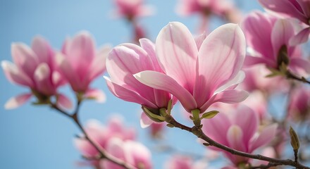 Obraz premium Blooming Magnolia Flowers on Branch Against Clear Blue Sky