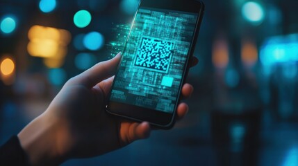 Person holding a smartphone with a glowing QR code displayed on the screen, city lights in the background.