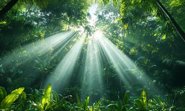 Sunlight streaming through dense jungle canopy, illuminating lush foliage and vibrant greenery