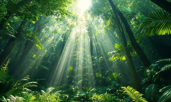 Sunlight streaming through a dense tropical forest, illuminating lush greenery and ferns