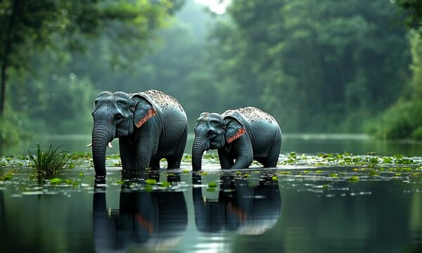 Two elephants wading through a serene river surrounded by lush greenery in the background