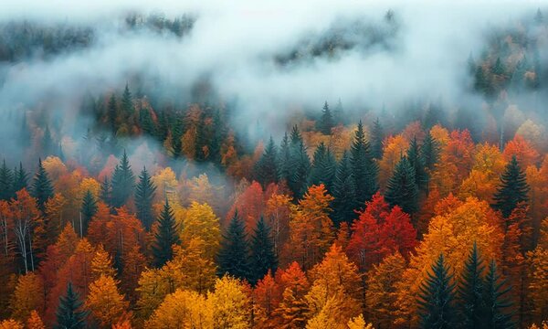 Vibrant autumn forest landscape with colorful foliage and misty mountains in the background