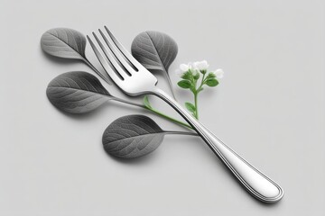 A black-and-white minimalist drawing of a fork with spinach leaves