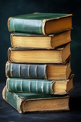Stacked Antique Books on Dark Table