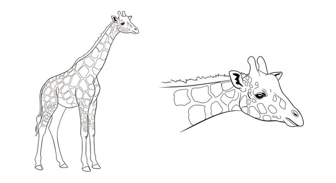 Elegant giraffe line art illustrations full body and head details