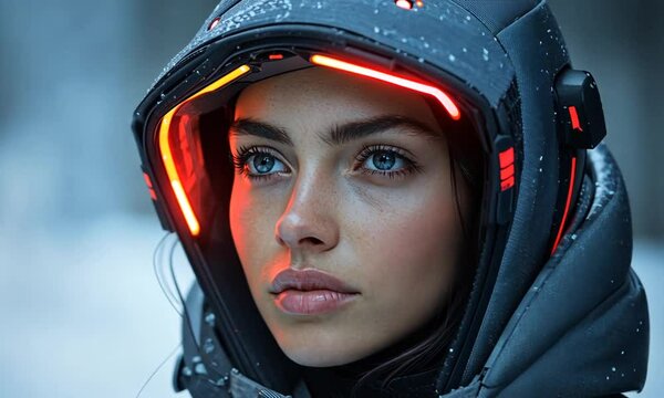 Young woman in futuristic winter gear, gazing thoughtfully amidst a snowy landscape