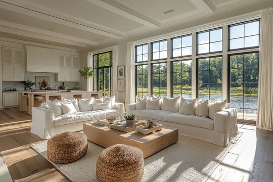 Fototapeta Bright and airy white living room with dining area, large windows, light wood floors, and modern white furniture in open-concept home, New England style.