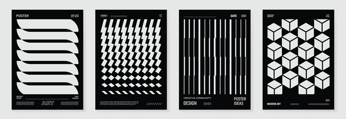Abstract monochrome poster background vector set. Modern cover template with black and white perspective geometric prism shape, halftone dot, line. Ideal design for social media, banner, ads.