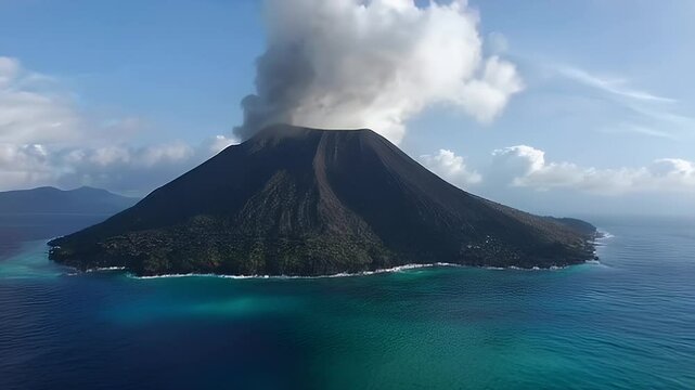 Anak Krakatau Volcano Smoke Plume Rising from Lush Green Island Surrounded by Deep Blue Sea in Eye Level Aerial Shot Underneath Clear Sky