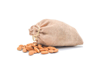 almod bag, Almonds with leaf in bag from sacking isolated on white background, Standing Empty design Pouch Bag almond  Mockup on isolated  with clipping path
